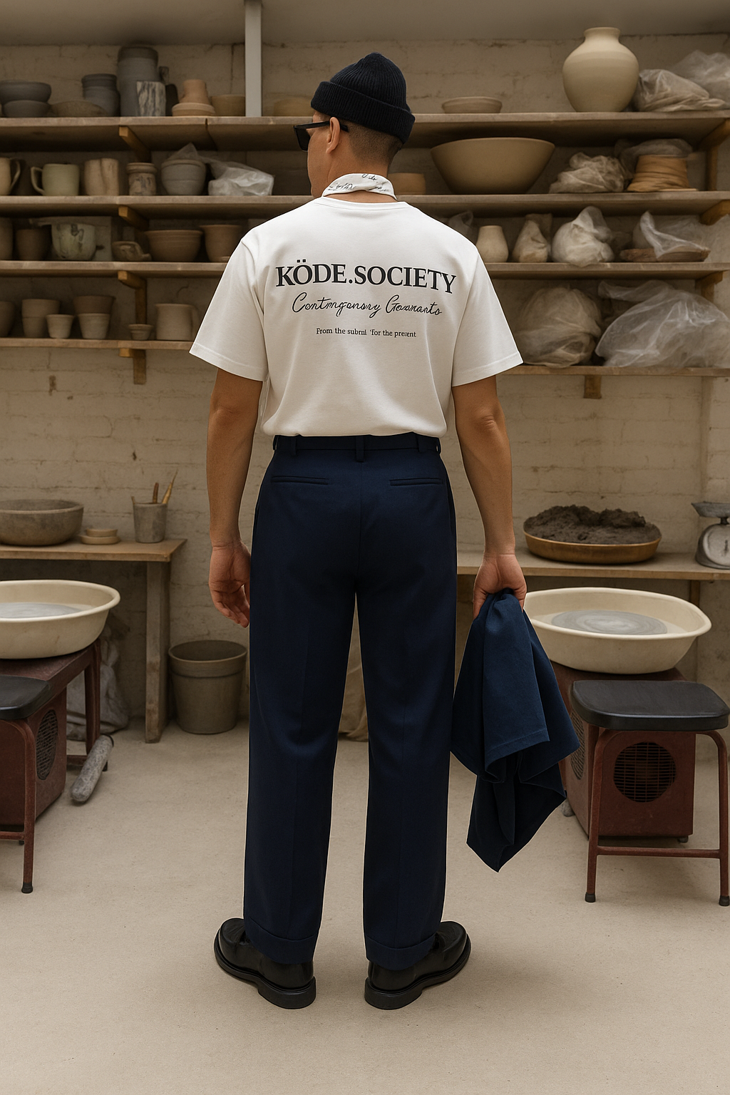 Hombre de espaldas en un estudio de cerámica, con luz natural, vistiendo una camiseta blanca con el logo trasero de KÖDE.SOCIETY y pantalón azul marino de corte relajado. Lleva gorro negro, gafas de sol y sostiene una camiseta azul marino en la mano. El entorno incluye estanterías con piezas de barro, balanzas y torno cerámico, transmitiendo una estética artesanal y contemporánea.