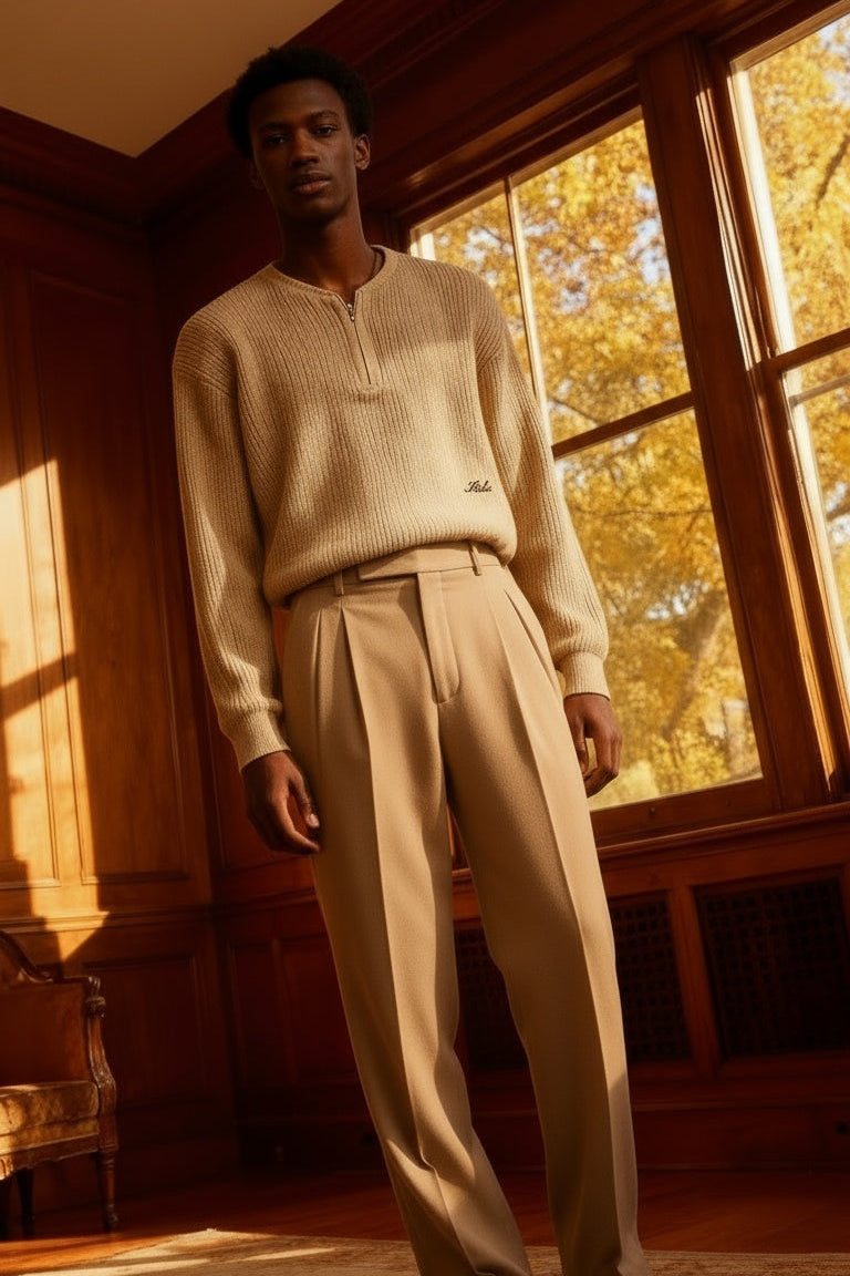 Persona vistiendo un jersey de punto color crudo y pantalones sastre beige de KÖDE, de pie en un salón de madera con luz cálida entrando por la ventana.