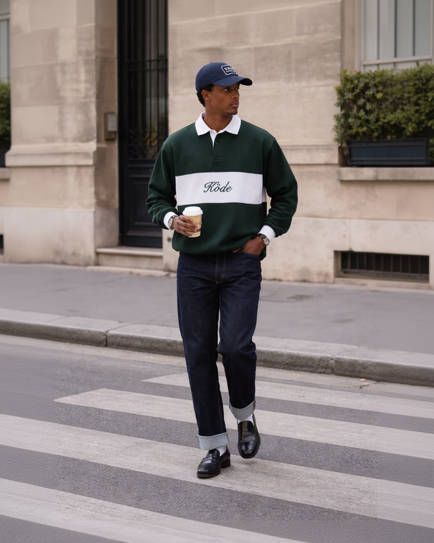 Modelo masculino negro caminando por la ciudad con polo rugby verde y blanco de KÖDE, estilo urbano premium y atemporal.